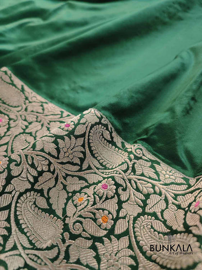 Bottle Green Meenakari Border Plain Handloom Banarasi Pure Katan Silk Saree