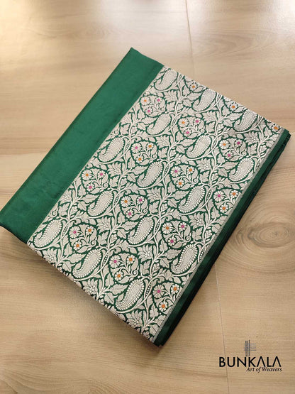 Bottle Green Meenakari Border Plain Handloom Banarasi Pure Katan Silk Saree