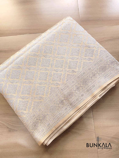 Off White Brocade Silver Zari Weaved Banarasi Mashru Silk Saree