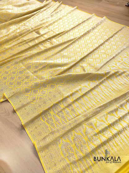 Yellow Brocade Silver Zari Weaved Banarasi Mashru Silk Saree