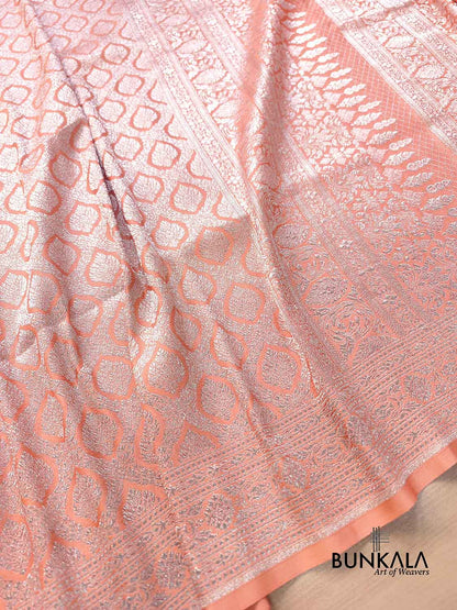 Peach Brocade Silver Zari Weaved Banarasi Mashru Silk Saree