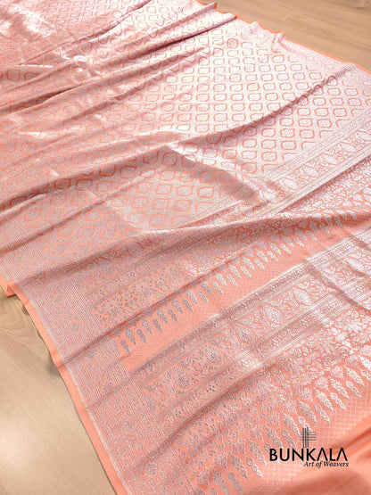 Peach Brocade Silver Zari Weaved Banarasi Mashru Silk Saree