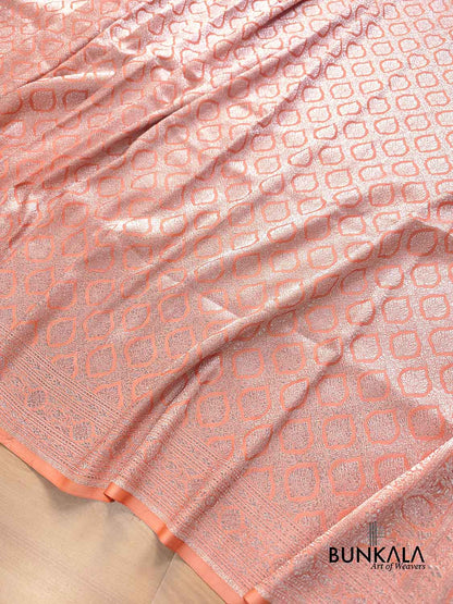 Peach Brocade Silver Zari Weaved Banarasi Mashru Silk Saree