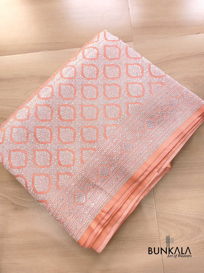 Peach Brocade Silver Zari Weaved Banarasi Mashru Silk Saree