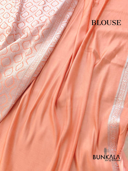 Peach Brocade Silver Zari Weaved Banarasi Mashru Silk Saree