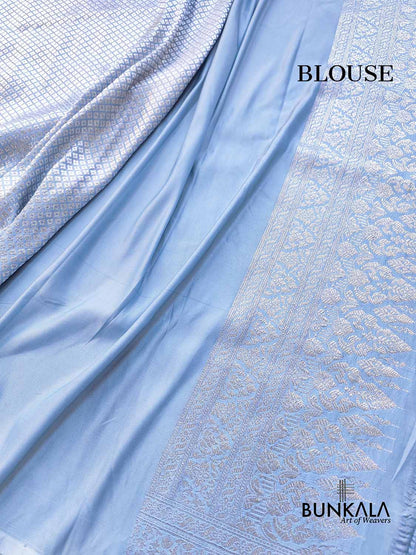 Pastel Blue Brocade Silver Zari Weaved Banarasi Mashru Silk Saree