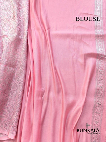 Baby Pink Brocade Silver Zari Weaved Banarasi Mashru Silk Saree