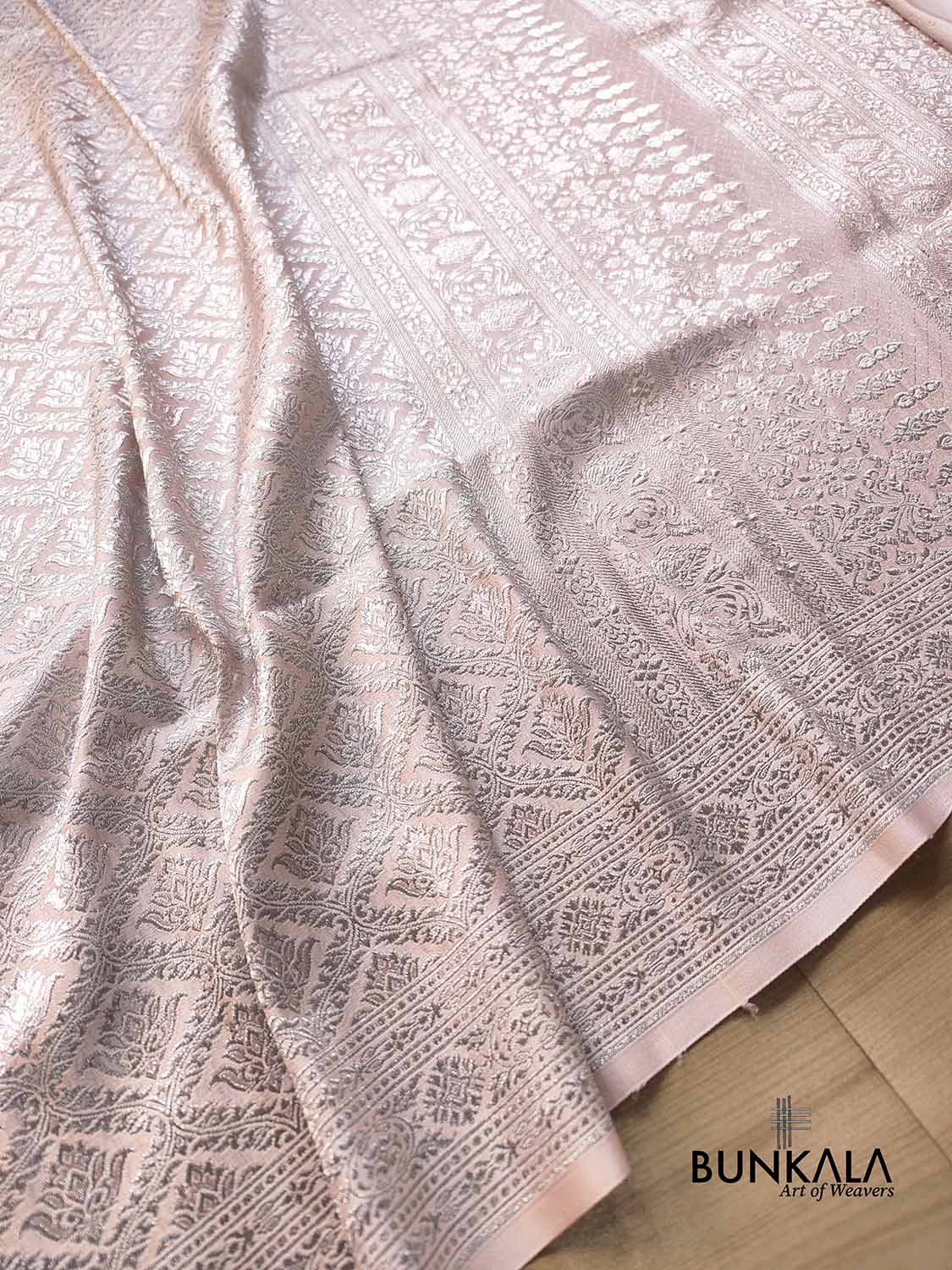 Nude Pink Brocade Silver Zari Weaved Banarasi Mashru Silk Saree