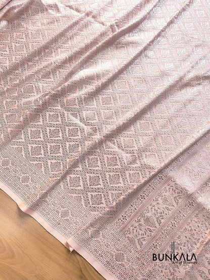 Nude Pink Brocade Silver Zari Weaved Banarasi Mashru Silk Saree