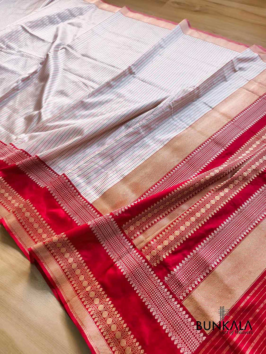 White Tanchui Geometrical Design Red Contrast Border Handloom Banarasi Pure Katan Silk Saree