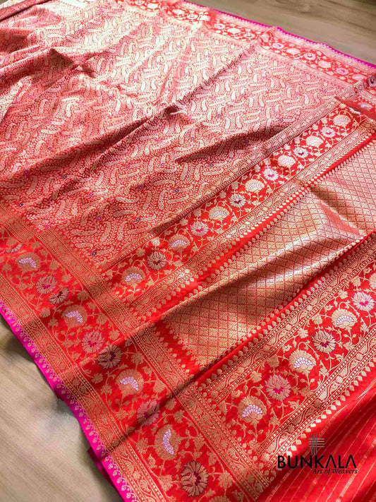 Burnt Orange Meenakari Kadwa Handweaved Sona Rupa Banarasi Pure Katan Silk Saree