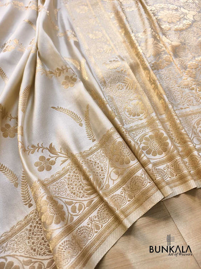 Ivory & Gold Intricate Floral Jaal Weaved Banarasi Mashru Silk Saree