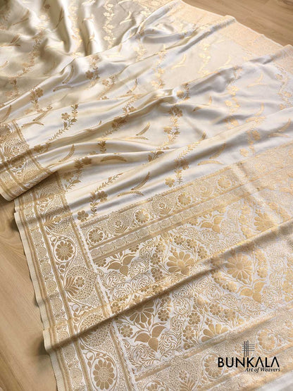 Ivory & Gold Intricate Floral Jaal Weaved Banarasi Mashru Silk Saree