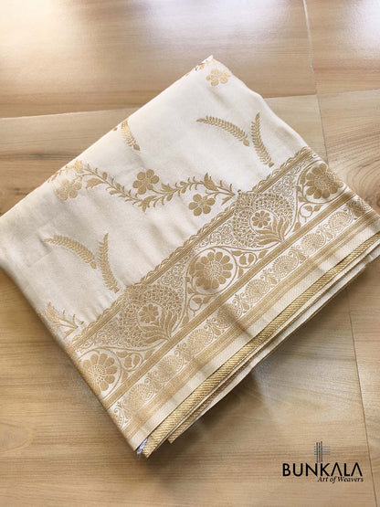 Ivory & Gold Intricate Floral Jaal Weaved Banarasi Mashru Silk Saree