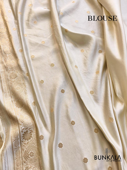 Ivory & Gold Intricate Floral Jaal Weaved Banarasi Mashru Silk Saree