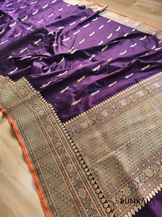 Purple Sona Rupa Flower Buti Motif Kadwa Handweaved Traditional Border Banarasi Pure Katan Silk Saree
