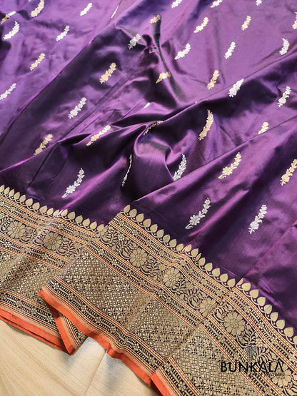 Purple Sona Rupa Flower Buti Motif Kadwa Handweaved Traditional Border Banarasi Pure Katan Silk Saree