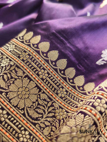 Purple Sona Rupa Flower Buti Motif Kadwa Handweaved Traditional Border Banarasi Pure Katan Silk Saree