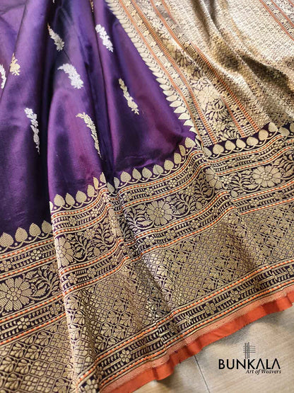 Purple Sona Rupa Flower Buti Motif Kadwa Handweaved Traditional Border Banarasi Pure Katan Silk Saree