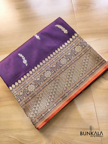 Purple Sona Rupa Flower Buti Motif Kadwa Handweaved Traditional Border Banarasi Pure Katan Silk Saree