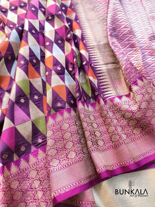 Contemporary Rangkat - Purple Geometric triangle Temple Border Handloom Banarasi Pure Katan Silk Saree