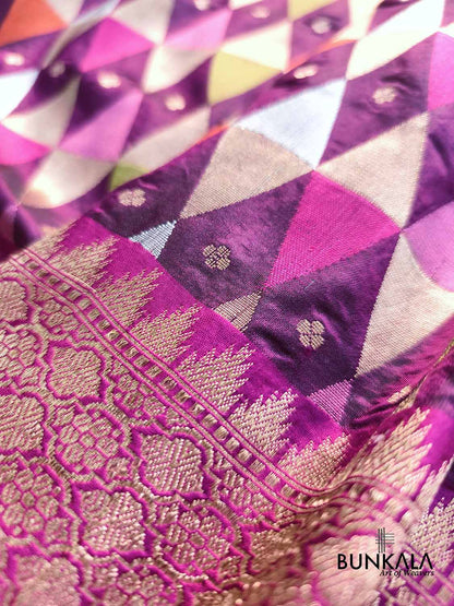 Contemporary Rangkat - Purple Geometric triangle Temple Border Handloom Banarasi Pure Katan Silk Saree