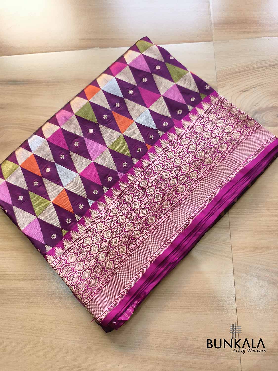 Contemporary Rangkat - Purple Geometric triangle Temple Border Handloom Banarasi Pure Katan Silk Saree