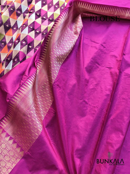 Contemporary Rangkat - Purple Geometric triangle Temple Border Handloom Banarasi Pure Katan Silk Saree