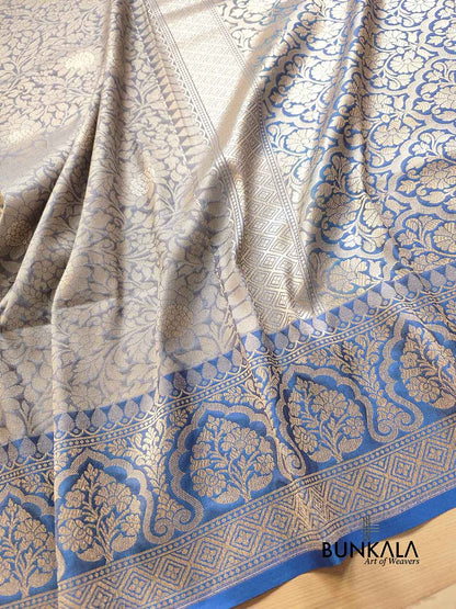 Light Grey Brocade Weaved Light Gold Zari Silk Banarasi Saree