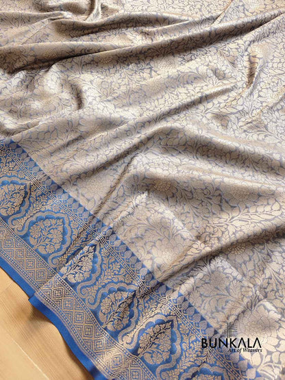 Light Grey Brocade Weaved Light Gold Zari Silk Banarasi Saree