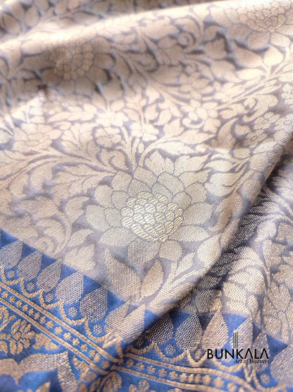 Light Grey Brocade Weaved Light Gold Zari Silk Banarasi Saree