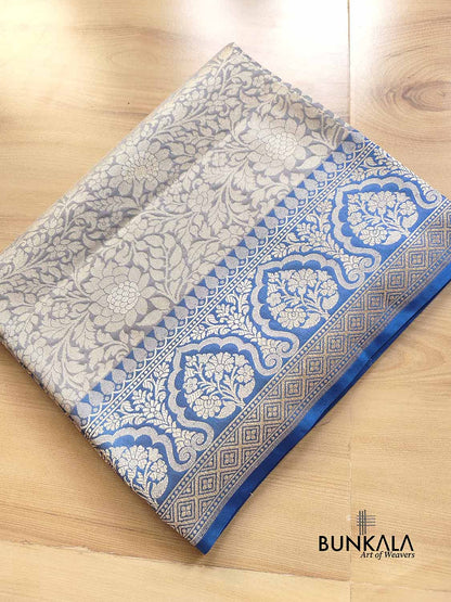 Light Grey Brocade Weaved Light Gold Zari Silk Banarasi Saree