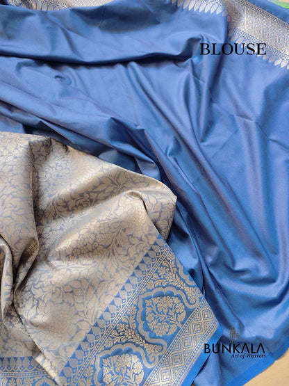 Light Grey Brocade Weaved Light Gold Zari Silk Banarasi Saree