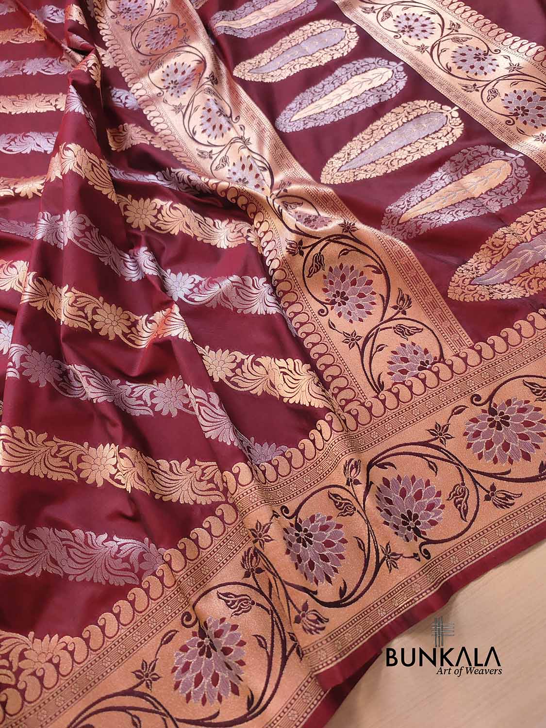 Shop Dark Maroon Striped Design Sona Rupa Silk Banarasi Saree – BUNKALA