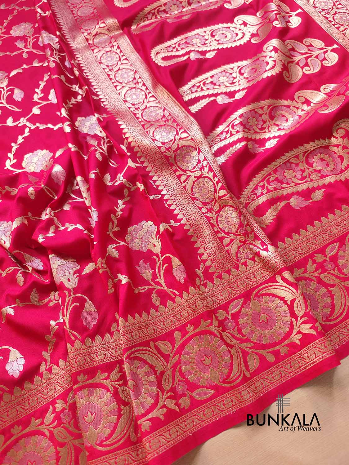 Two Tone Pink Floral Jaal Design Silk Banarasi Saree