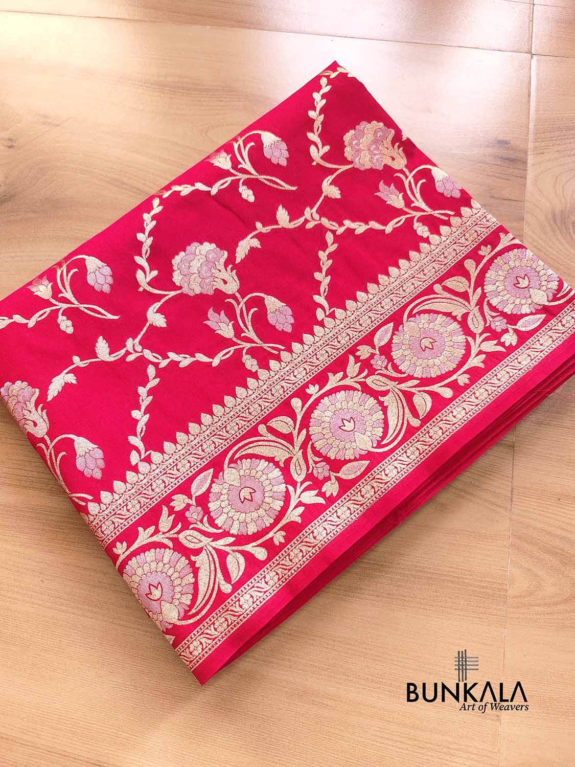 Two Tone Pink Floral Jaal Design Silk Banarasi Saree