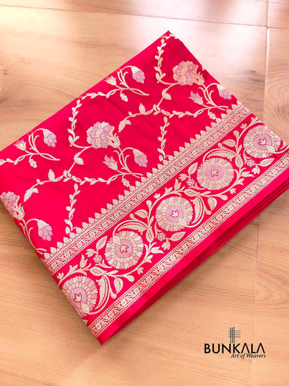 Two Tone Pink Floral Jaal Design Silk Banarasi Saree
