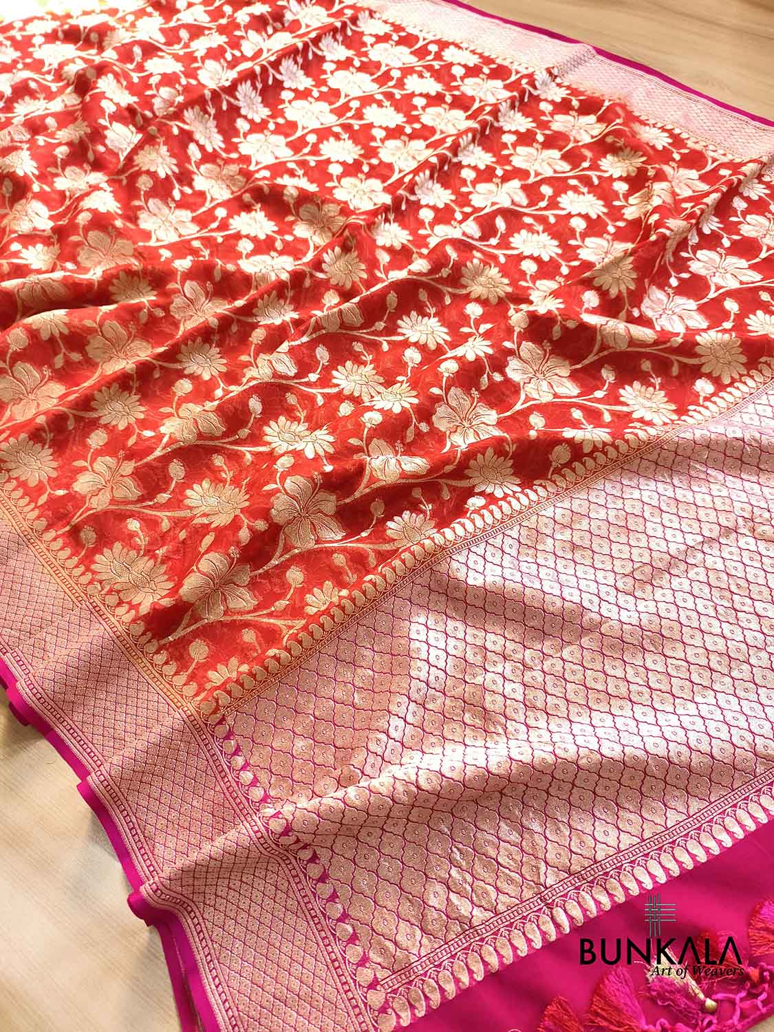 Orange Floral Jaal Banarasi Pure Georgette Saree