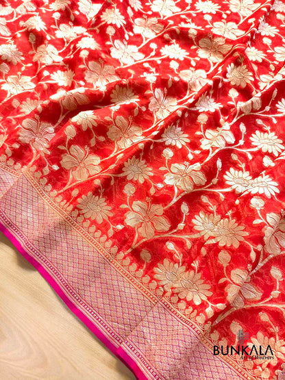 Orange Floral Jaal Banarasi Pure Georgette Saree