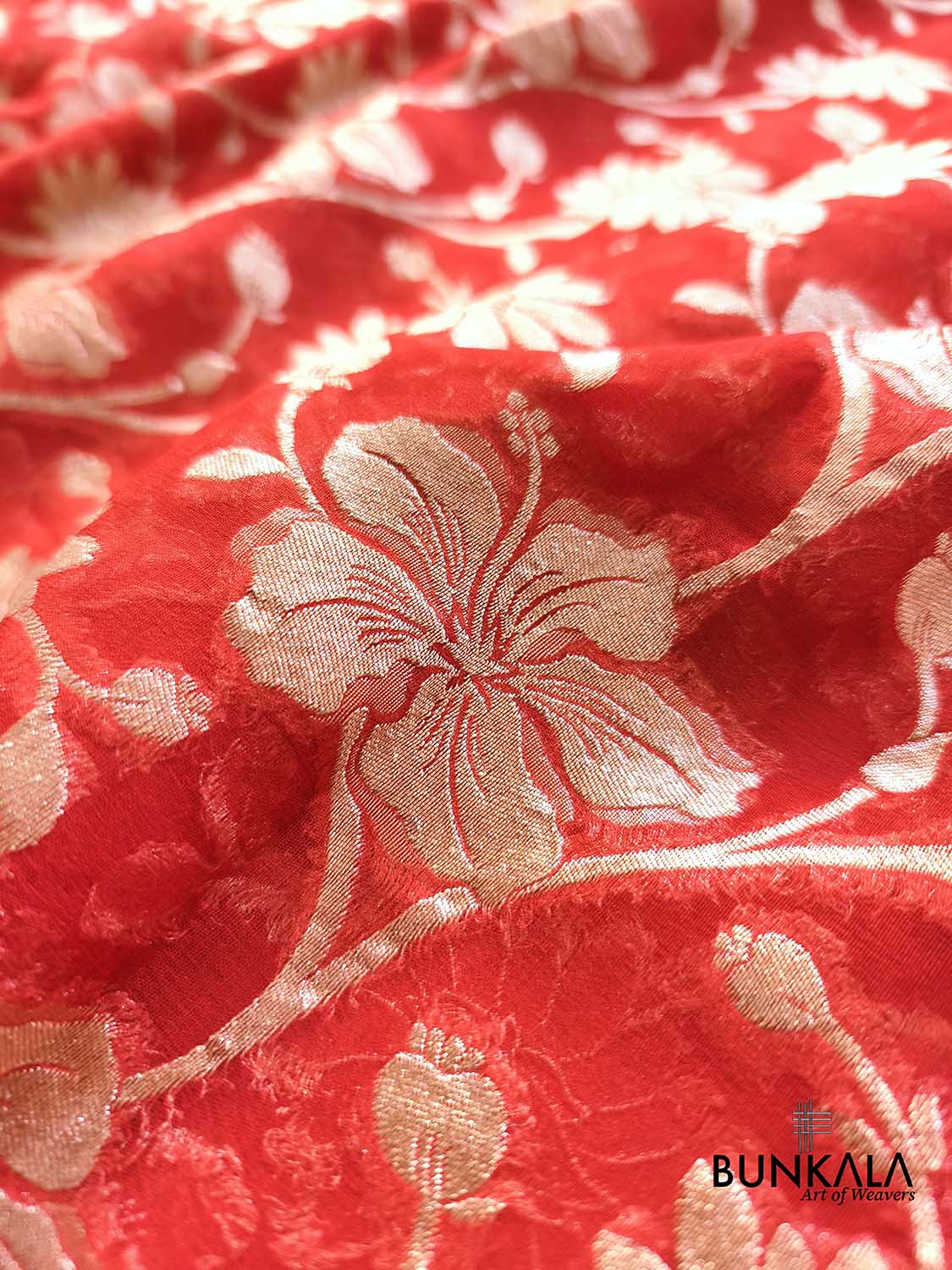 Orange Floral Jaal Banarasi Pure Georgette Saree