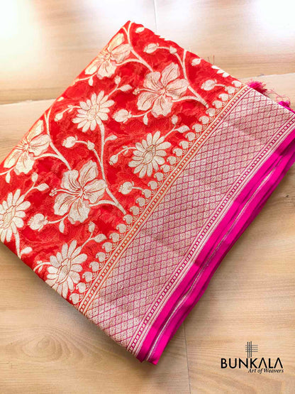Orange Floral Jaal Banarasi Pure Georgette Saree