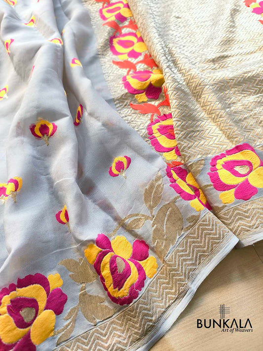 Pastel Grey Tilfi Meenakari Buti Banarasi Pure Georgette Saree