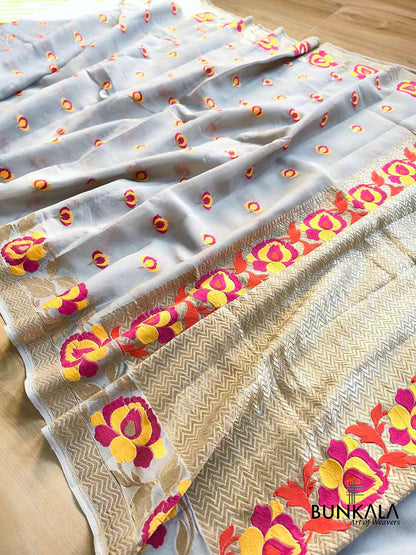 Pastel Grey Tilfi Meenakari Buti Banarasi Pure Georgette Saree