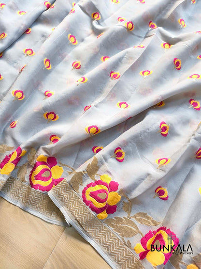 Pastel Grey Tilfi Meenakari Buti Banarasi Pure Georgette Saree