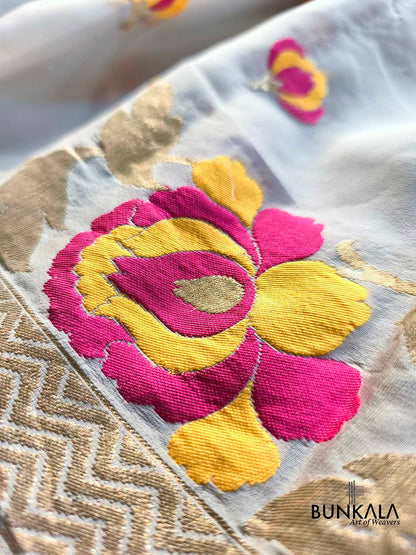 Pastel Grey Tilfi Meenakari Buti Banarasi Pure Georgette Saree