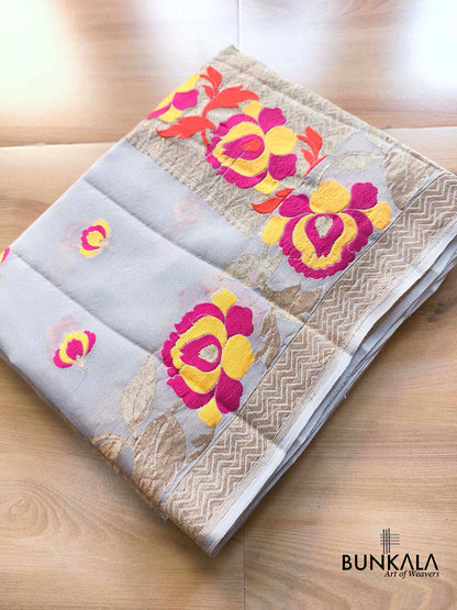 Pastel Grey Tilfi Meenakari Buti Banarasi Pure Georgette Saree