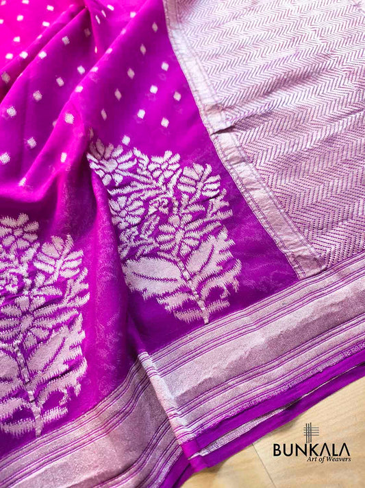Purple Shaded Silver Zari Flower Big Buta Banarasi Pure Georgette Saree