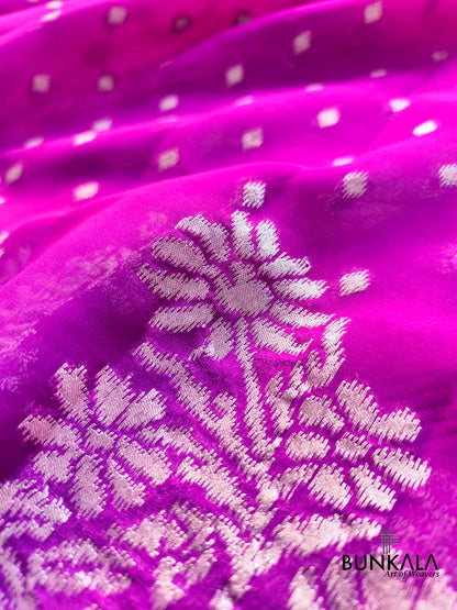 Purple Shaded Silver Zari Flower Big Buta Banarasi Pure Georgette Saree