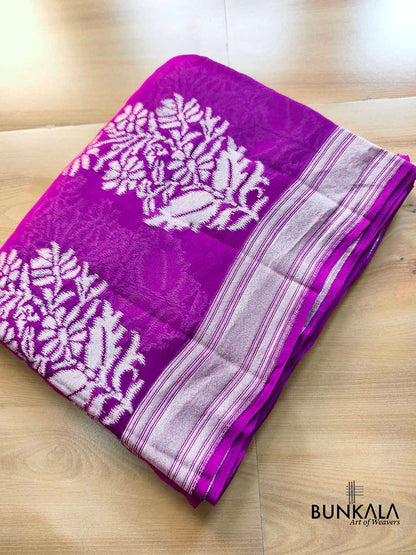 Purple Shaded Silver Zari Flower Big Buta Banarasi Pure Georgette Saree