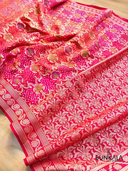 Red Double Shaded Bandhani Weaved Meenakari Banarasi Pure Georgette Saree